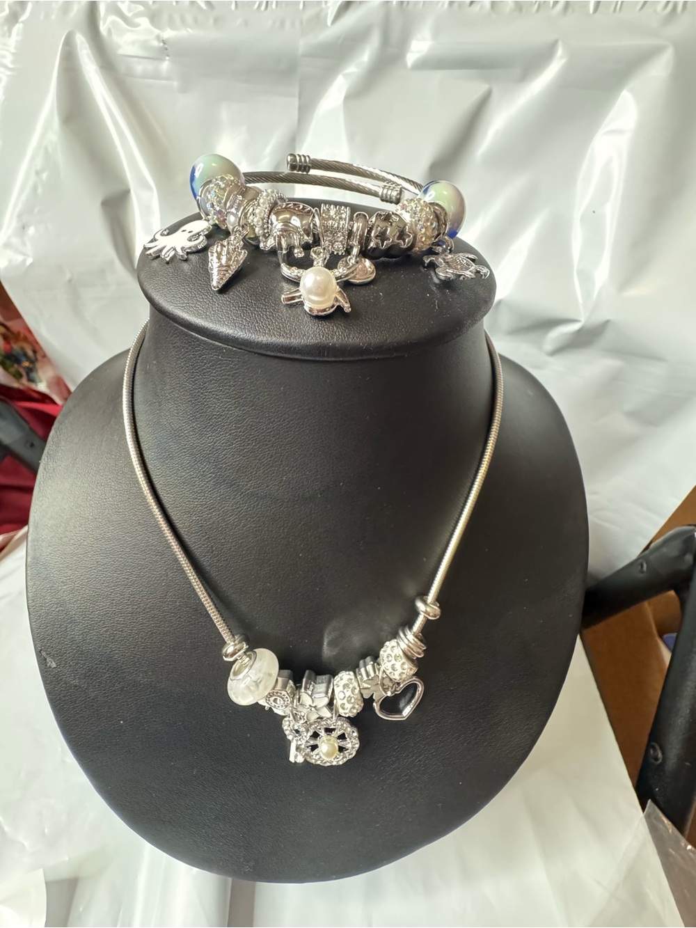 Silver Charm Necklace and Bracelet Set with Iridescent Beads
